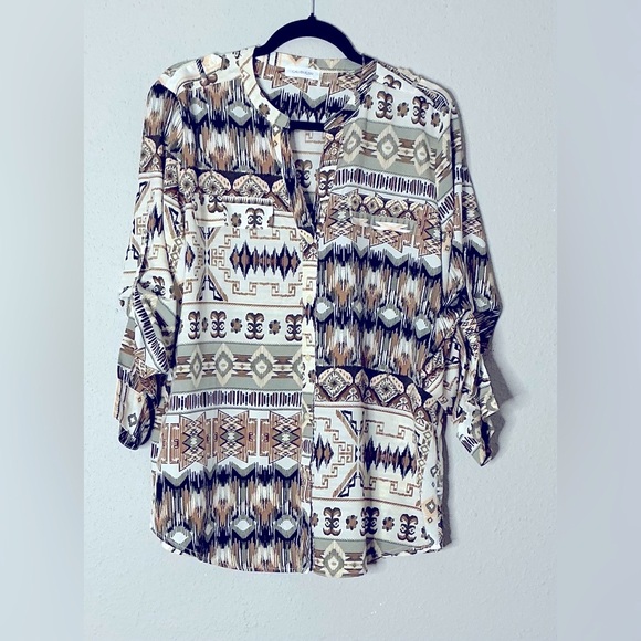 Calvin Klein Graphic Brown and Green SunBlouse with Mandarin Collar - Picture 1 of 5